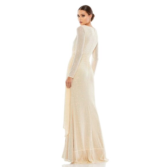 NWT Mac Duggal Sequined Ruched Long Sleeve Boat Neck Gown Pearl 10 #A0193 - Picture 7 of 11